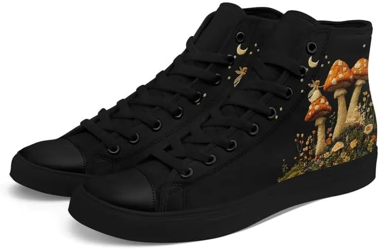 Fashion Women High-Top Canvas Shoes Men's Print Mushroom Floral Plant Lace-up Flat Stylish Gift Sneaker Couple Shoes