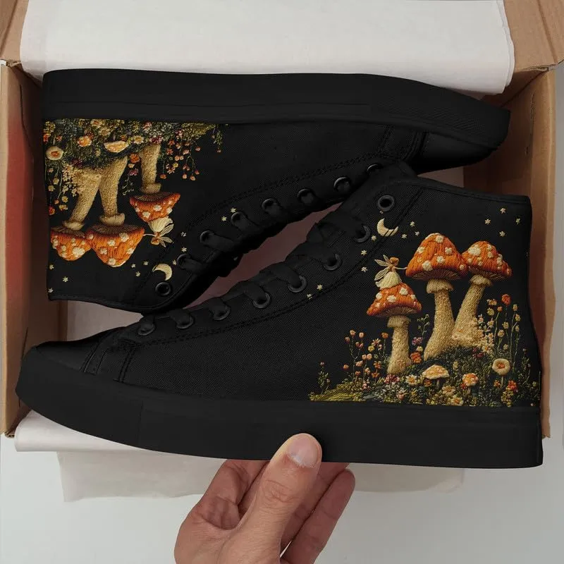 Fashion Women High-Top Canvas Shoes Men's Print Mushroom Floral Plant Lace-up Flat Stylish Gift Sneaker Couple Shoes