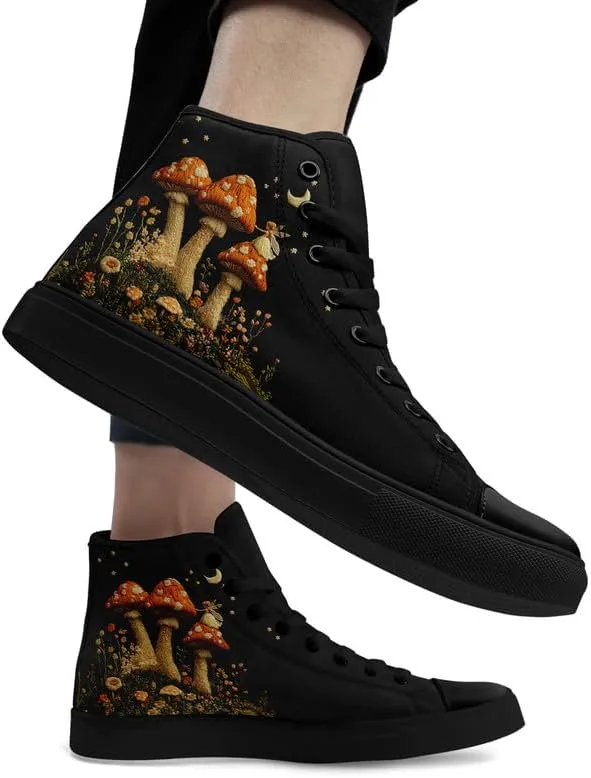 Fashion Women High-Top Canvas Shoes Men's Print Mushroom Floral Plant Lace-up Flat Stylish Gift Sneaker Couple Shoes