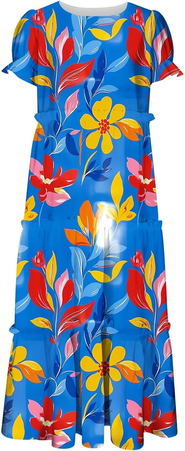 Fashion Womens Flower Print Summer Dresses Cake Lace Skirt Short Sleeve Beach Dress Casual Crewneck Dresses