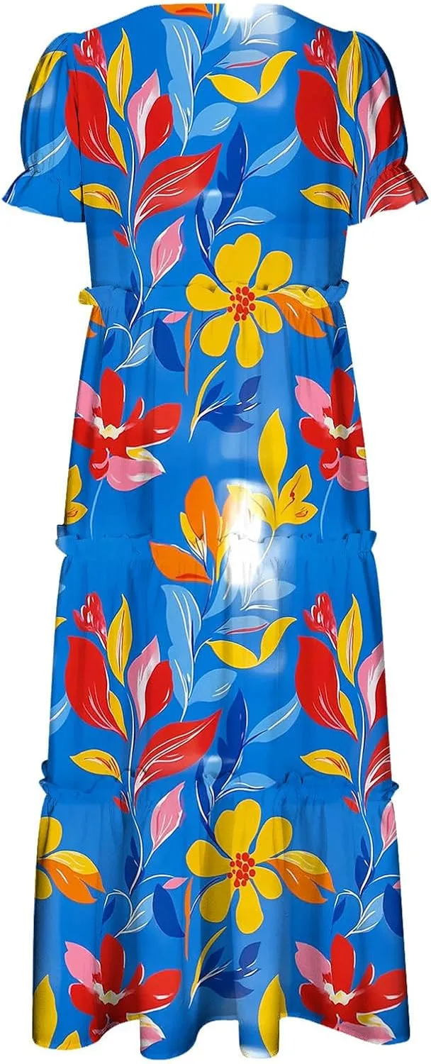 Fashion Womens Flower Print Summer Dresses Cake Lace Skirt Short Sleeve Beach Dress Casual Crewneck Dresses
