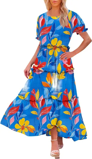 Fashion Womens Flower Print Summer Dresses Cake Lace Skirt Short Sleeve Beach Dress Casual Crewneck Dresses