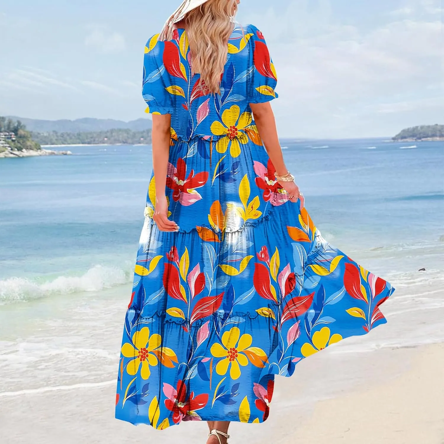 Fashion Womens Flower Print Summer Dresses Cake Lace Skirt Short Sleeve Beach Dress Casual Crewneck Dresses