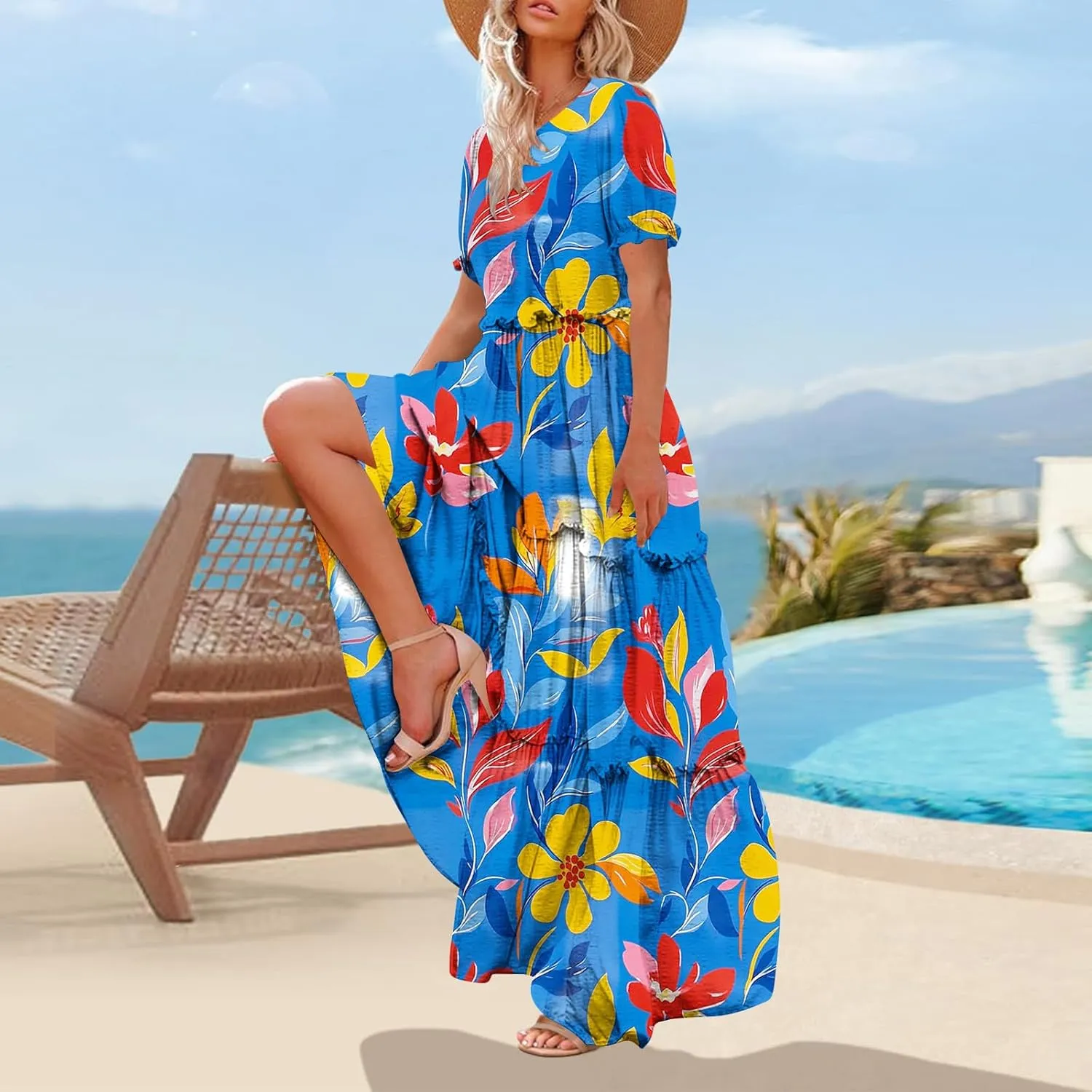 Fashion Womens Flower Print Summer Dresses Cake Lace Skirt Short Sleeve Beach Dress Casual Crewneck Dresses