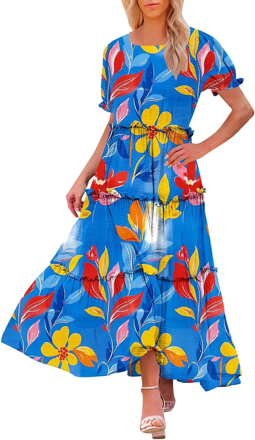 Fashion Womens Flower Print Summer Dresses Cake Lace Skirt Short Sleeve Beach Dress Casual Crewneck Dresses