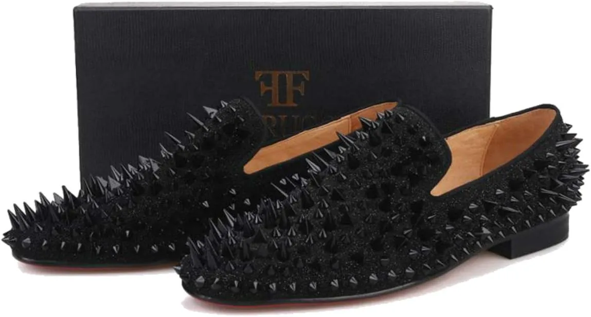 FERUCCI Men Black Spikes Slippers Loafers Flat with Crystal GZ Rhinestone