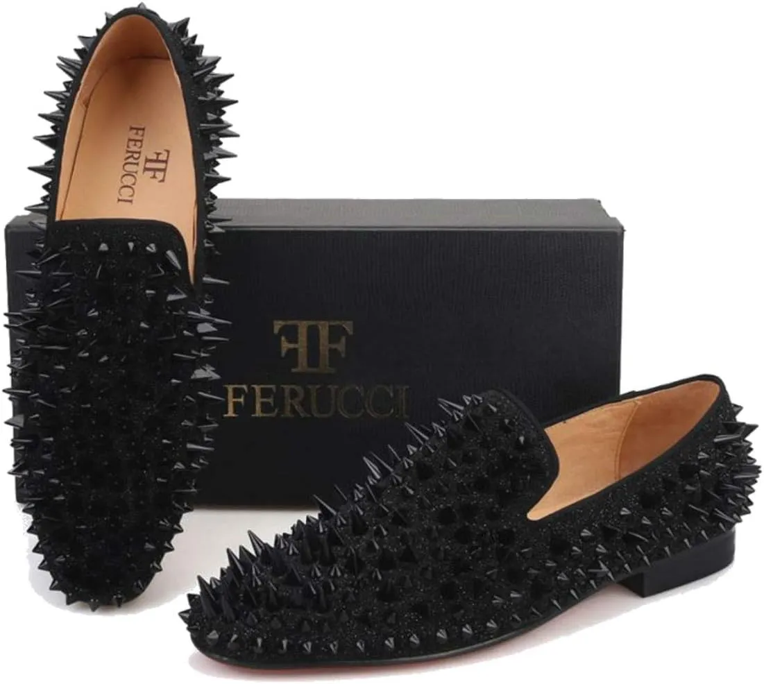 FERUCCI Men Black Spikes Slippers Loafers Flat with Crystal GZ Rhinestone