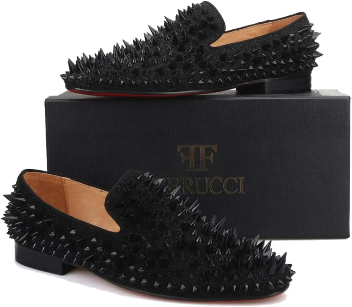FERUCCI Men Black Spikes Slippers Loafers Flat with Crystal GZ Rhinestone