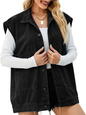 FindThy Women’s Vintage Denim Jean Vest Oversized Button Down Jean Waistcoat Gilet