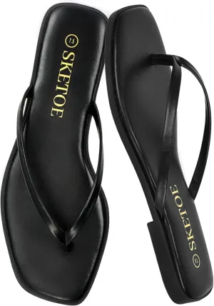Flip Flops for Women Square Toe Flat Sandals for Women Comfortable Thong Sandals Vegan Leather Flip Flops Lightweight Summer Beach Sandals Dressy Vacation Essentials Slides