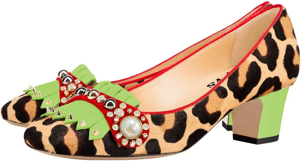 FYS Women Closed Square Toe Loafers Pumps Slip on Block Chunky Mid Heels Pearls Studded Leopard Dress Party Club Stylish Shoes Size 4-15 US