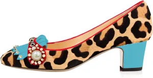 FYS Women Closed Square Toe Loafers Pumps Slip on Block Chunky Mid Heels Pearls Studded Leopard Dress Party Club Stylish Shoes Size 4-15 US