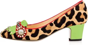 FYS Women Closed Square Toe Loafers Pumps Slip on Block Chunky Mid Heels Pearls Studded Leopard Dress Party Club Stylish Shoes Size 4-15 US