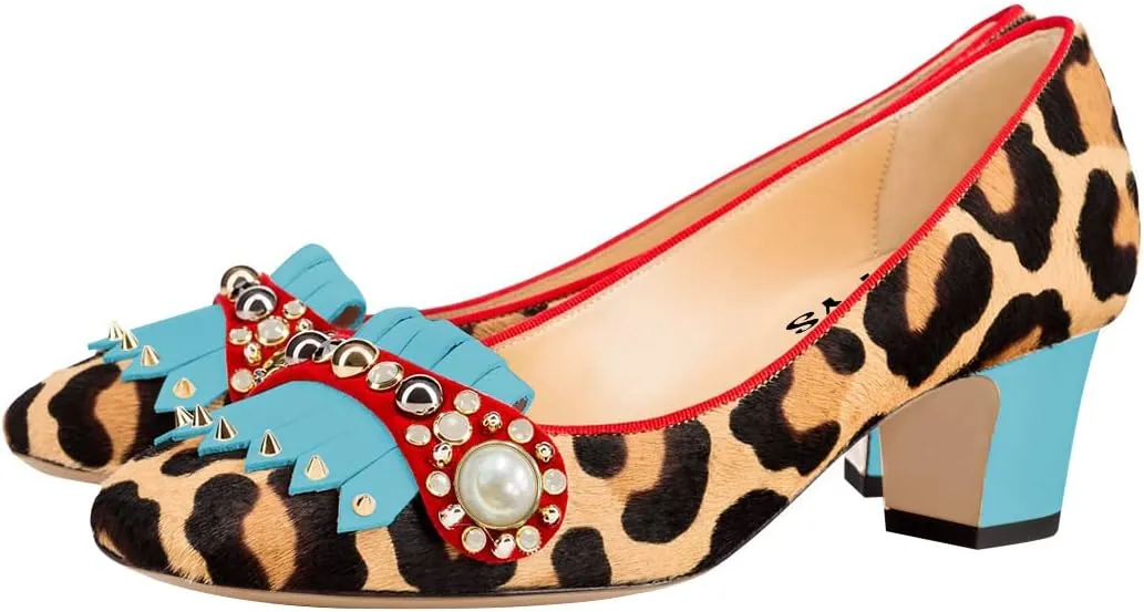 FYS Women Closed Square Toe Loafers Pumps Slip on Block Chunky Mid Heels Pearls Studded Leopard Dress Party Club Stylish Shoes Size 4-15 US
