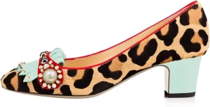 FYS Women Closed Square Toe Loafers Pumps Slip on Block Chunky Mid Heels Pearls Studded Leopard Dress Party Club Stylish Shoes Size 4-15 US
