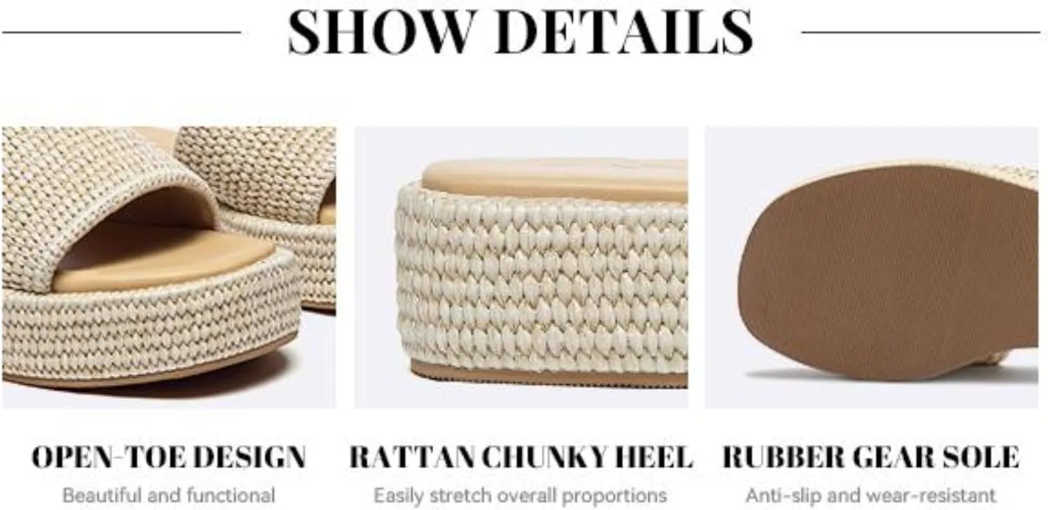 Geerta Women's Platform Raffia Sandals Comfortable Open Toe Slip On Beach Slides Sandals for Summer Casual Walking Shoes Cruise Vacation