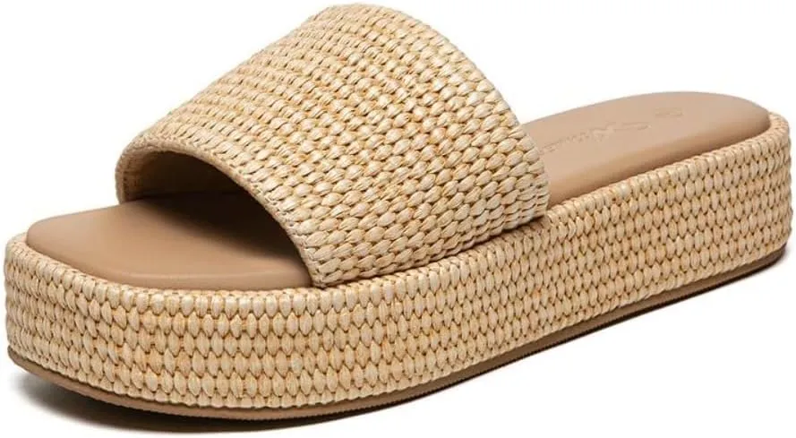 Geerta Women's Platform Raffia Sandals Comfortable Open Toe Slip On Beach Slides Sandals for Summer Casual Walking Shoes Cruise Vacation