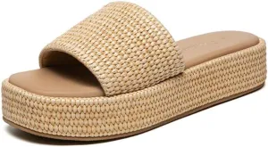 Geerta Women's Platform Raffia Sandals Comfortable Open Toe Slip On Beach Slides Sandals for Summer Casual Walking Shoes Cruise Vacation