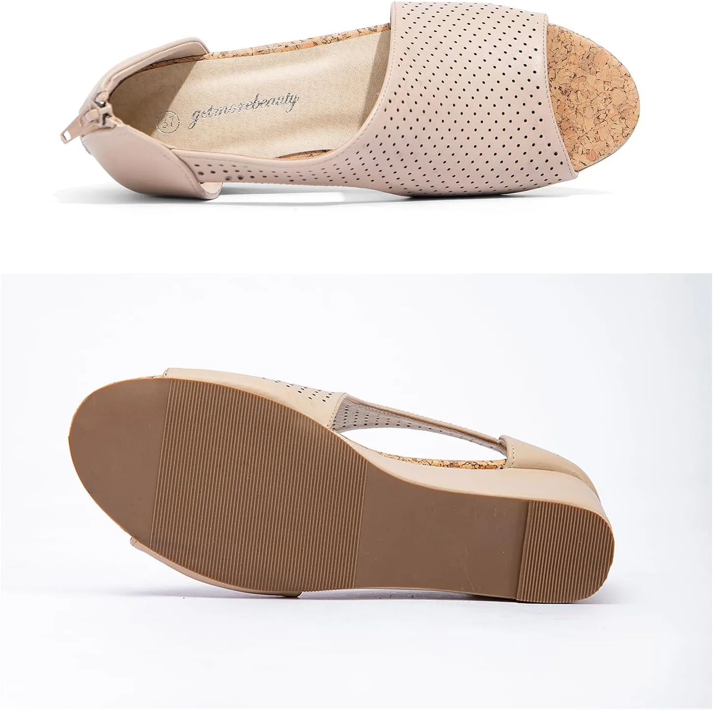 getmorebeauty Women's Side Cutout Wedge Sandals Back Zipper Open Toe Slides Breathable Hollow Mid Heel Summer Shoes