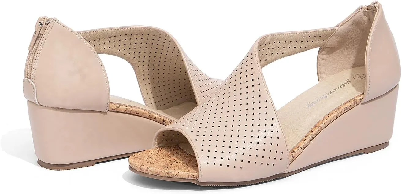 getmorebeauty Women's Side Cutout Wedge Sandals Back Zipper Open Toe Slides Breathable Hollow Mid Heel Summer Shoes