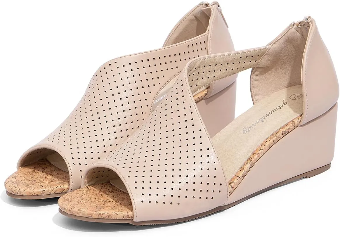 getmorebeauty Women's Side Cutout Wedge Sandals Back Zipper Open Toe Slides Breathable Hollow Mid Heel Summer Shoes