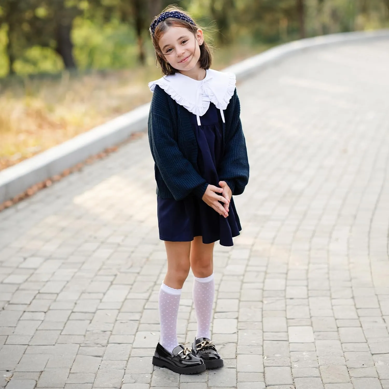 Girl's Platform Loafers Slip On Chain Chunky Shoes Round Toe School Uniform Dress Flats