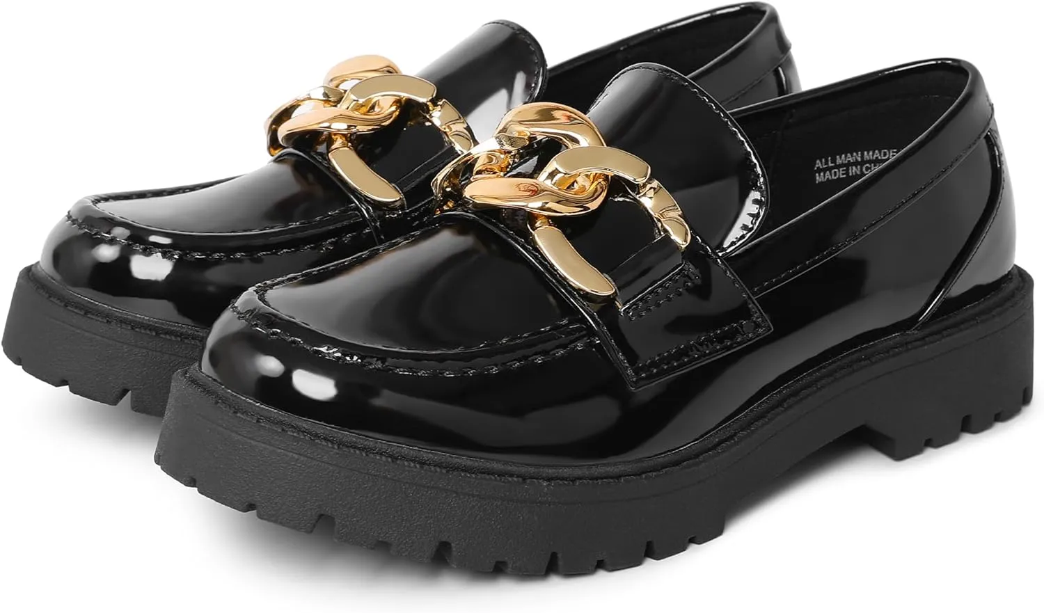 Girl's Platform Loafers Slip On Chain Chunky Shoes Round Toe School Uniform Dress Flats