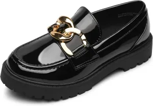 Girl's Platform Loafers Slip On Chain Chunky Shoes Round Toe School Uniform Dress Flats