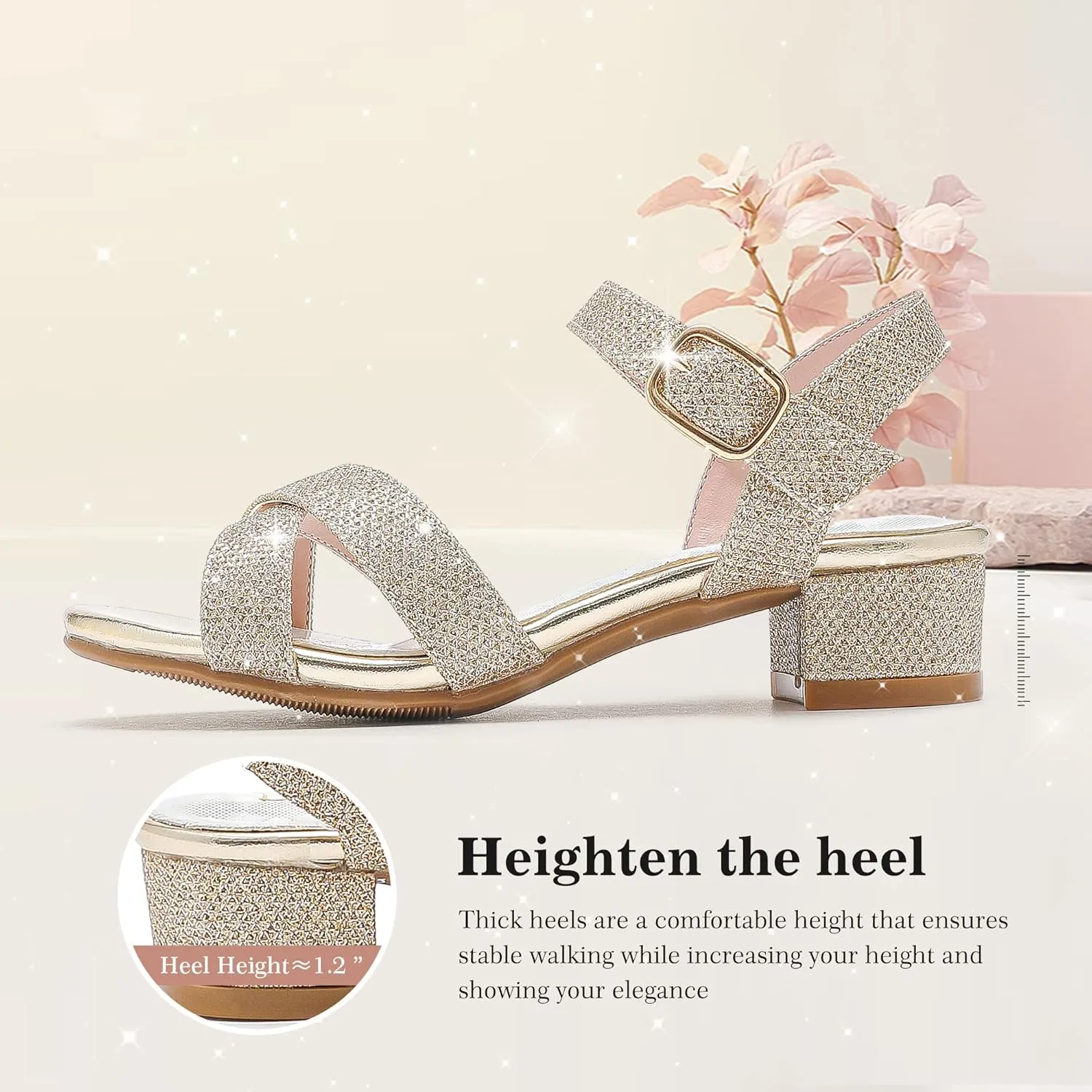 Girls Sandals Kids Heels Open Toe Ankle Strap Dress Shoes Flower Wedding Party for Toddler Little Big Kid