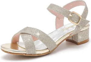 Girls Sandals Kids Heels Open Toe Ankle Strap Dress Shoes Flower Wedding Party for Toddler Little Big Kid