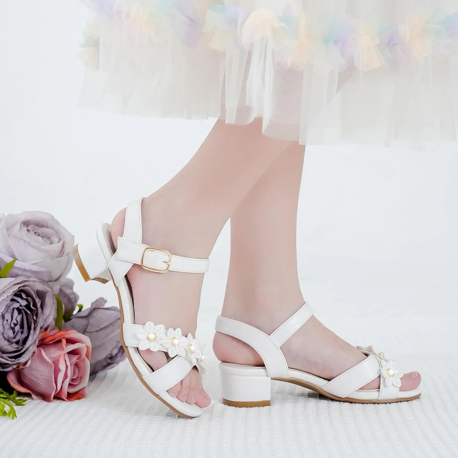 Girls Sandals Kids Heels Open Toe Ankle Strap Dress Shoes Flower Wedding Party for Toddler Little Big Kid