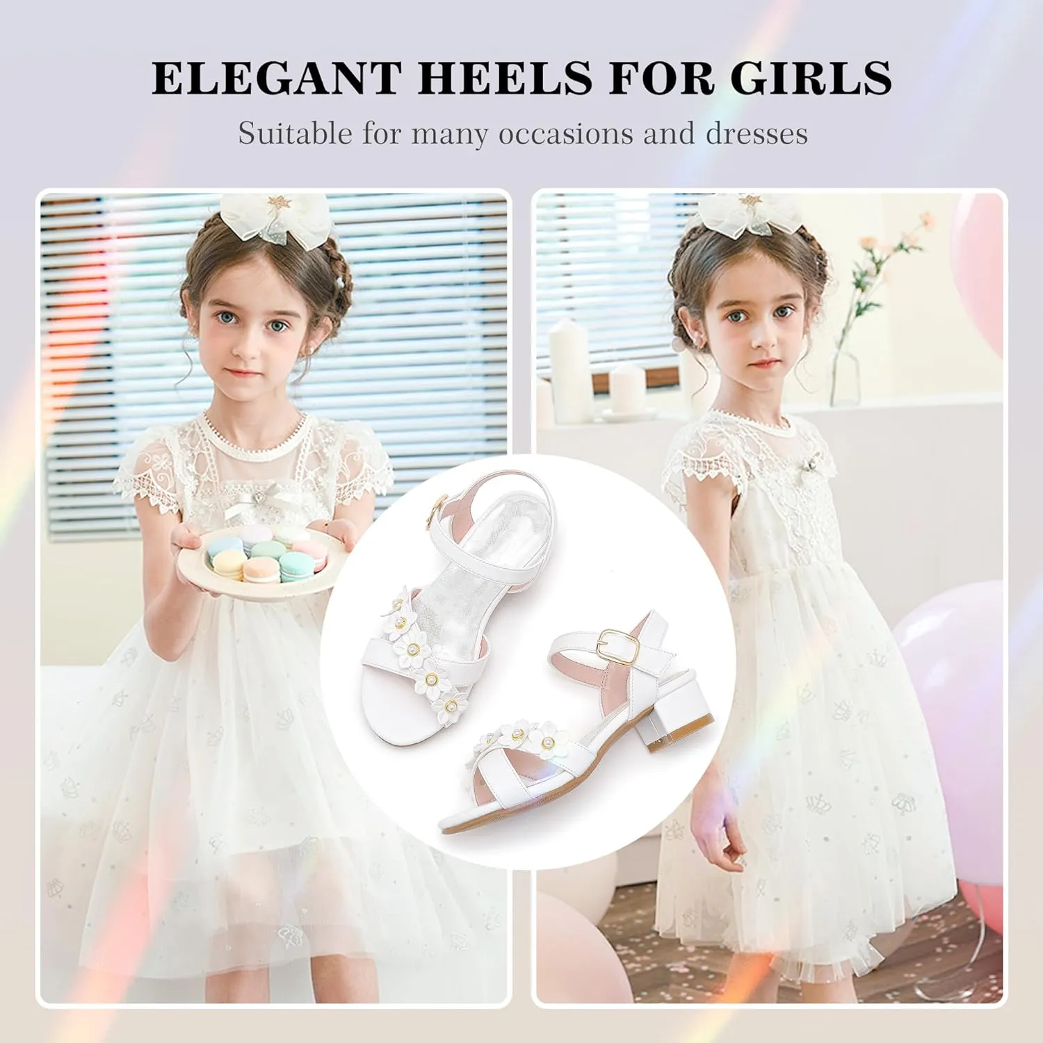 Girls Sandals Kids Heels Open Toe Ankle Strap Dress Shoes Flower Wedding Party for Toddler Little Big Kid