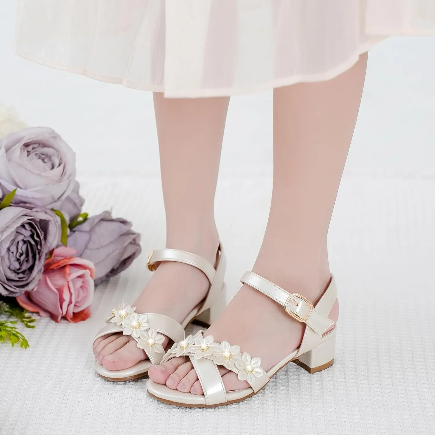 Girls Sandals Kids Heels Open Toe Ankle Strap Dress Shoes Flower Wedding Party for Toddler Little Big Kid