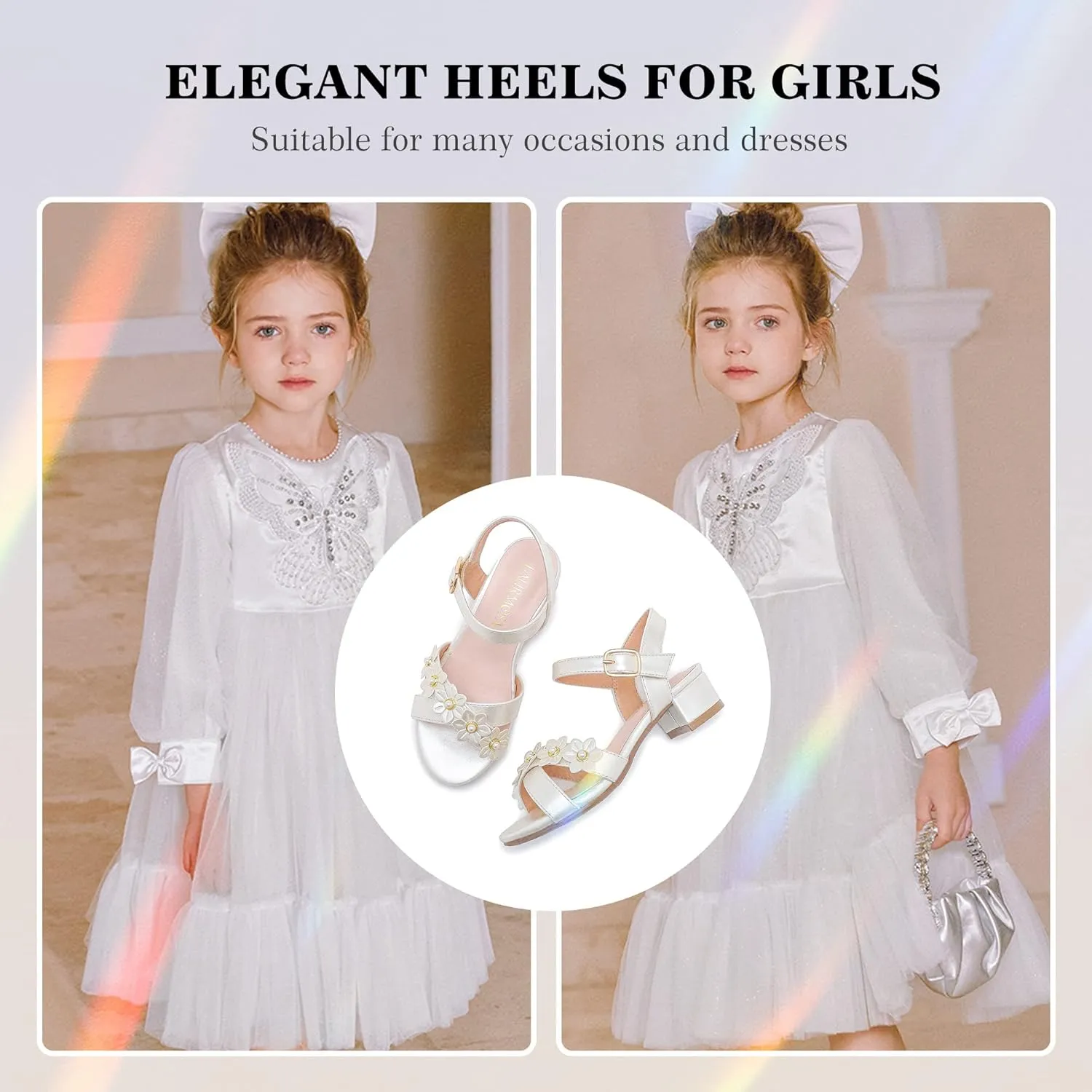 Girls Sandals Kids Heels Open Toe Ankle Strap Dress Shoes Flower Wedding Party for Toddler Little Big Kid