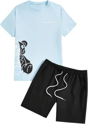 GORGLITTER Men's Letter Graphic Print T Shirts Short Sleeve Top & Shorts Casual Two Piece Sets