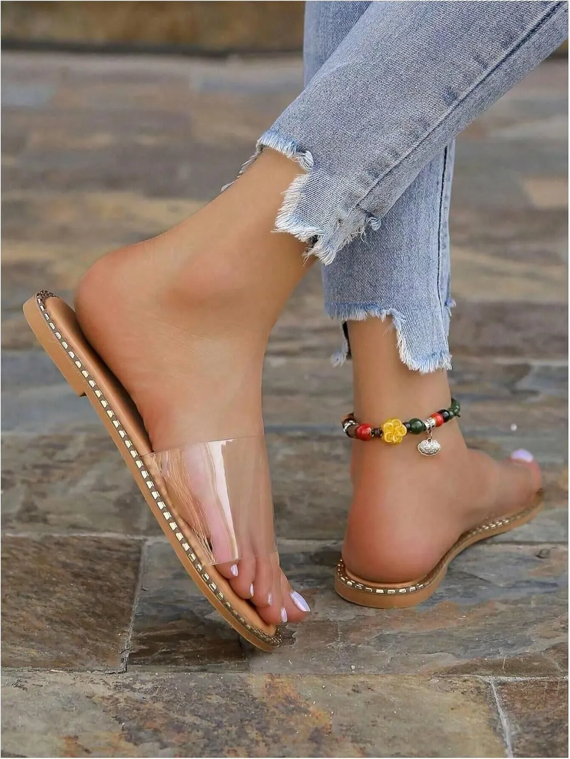 GORGLITTER Women's Metallic Clear Sandals Dressy Summer Transparent Open Toe Slip On Slides Vacation Beach Flats Sandal