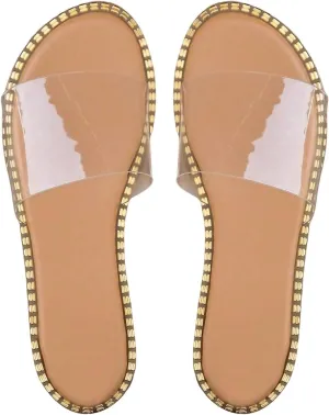 GORGLITTER Women's Metallic Clear Sandals Dressy Summer Transparent Open Toe Slip On Slides Vacation Beach Flats Sandal