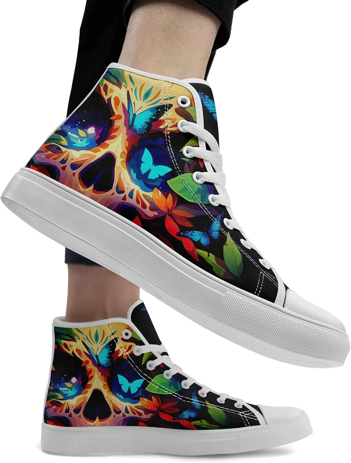 Gothic Skull High Top Canvas Sneakers for Men Women Butterflies Flames Flower Vivid Lace up Flat Casual Walking Shoes