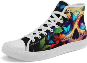 Gothic Skull High Top Canvas Sneakers for Men Women Butterflies Flames Flower Vivid Lace up Flat Casual Walking Shoes