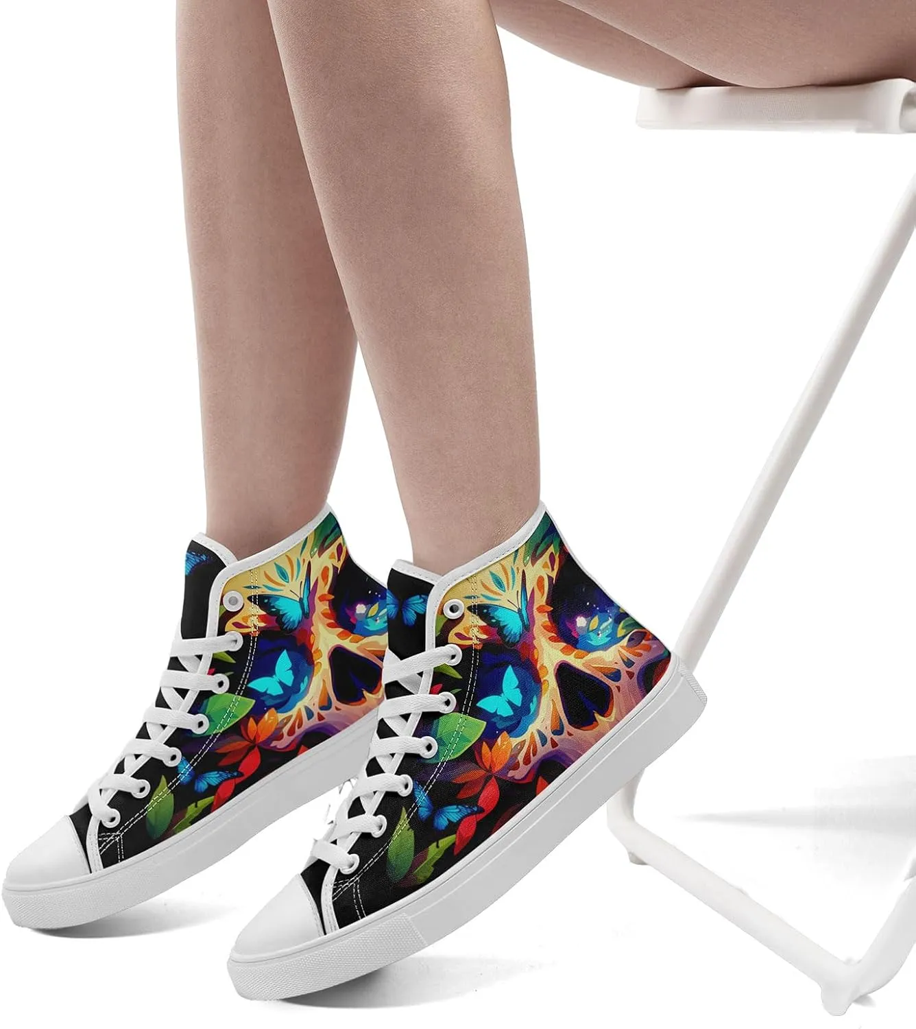 Gothic Skull High Top Canvas Sneakers for Men Women Butterflies Flames Flower Vivid Lace up Flat Casual Walking Shoes