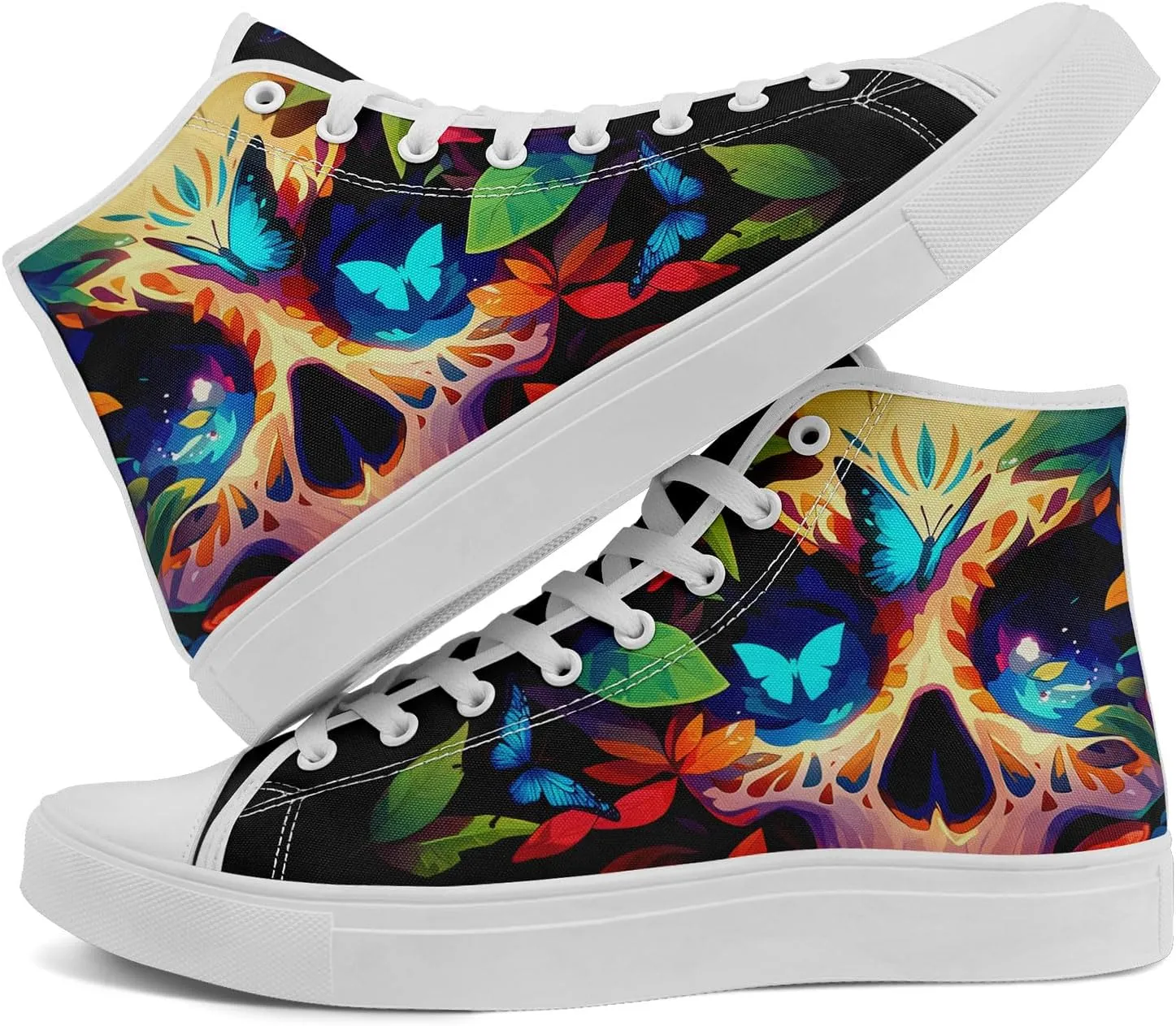 Gothic Skull High Top Canvas Sneakers for Men Women Butterflies Flames Flower Vivid Lace up Flat Casual Walking Shoes