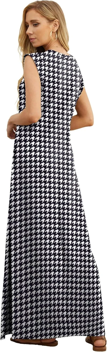 GRECERELLE 2025 Women Summer Round Neck Casual Loose Split Wrinkle-Free Long Maxi Vacation Dress with Pockets (XS-3XL)