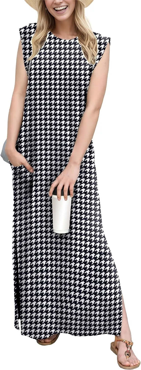 GRECERELLE 2025 Women Summer Round Neck Casual Loose Split Wrinkle-Free Long Maxi Vacation Dress with Pockets (XS-3XL)