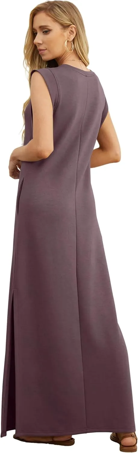 GRECERELLE 2025 Women Summer Round Neck Casual Loose Split Wrinkle-Free Long Maxi Vacation Dress with Pockets (XS-3XL)