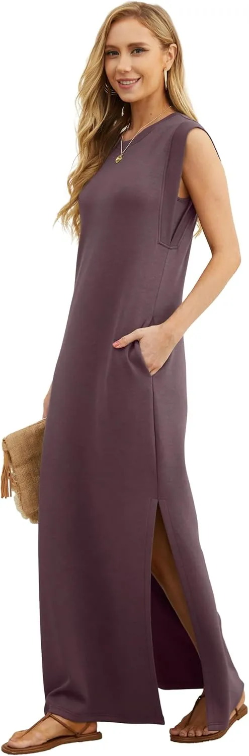 GRECERELLE 2025 Women Summer Round Neck Casual Loose Split Wrinkle-Free Long Maxi Vacation Dress with Pockets (XS-3XL)