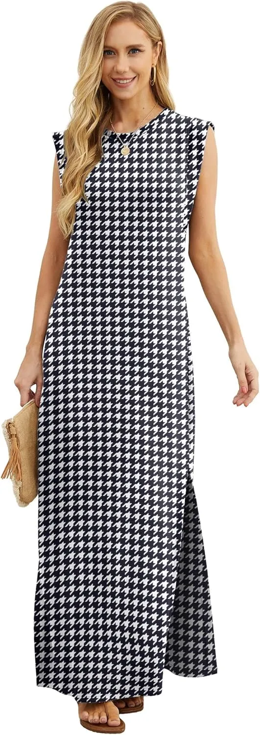 GRECERELLE 2025 Women Summer Round Neck Casual Loose Split Wrinkle-Free Long Maxi Vacation Dress with Pockets (XS-3XL)