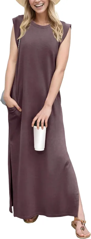 GRECERELLE 2025 Women Summer Round Neck Casual Loose Split Wrinkle-Free Long Maxi Vacation Dress with Pockets (XS-3XL)