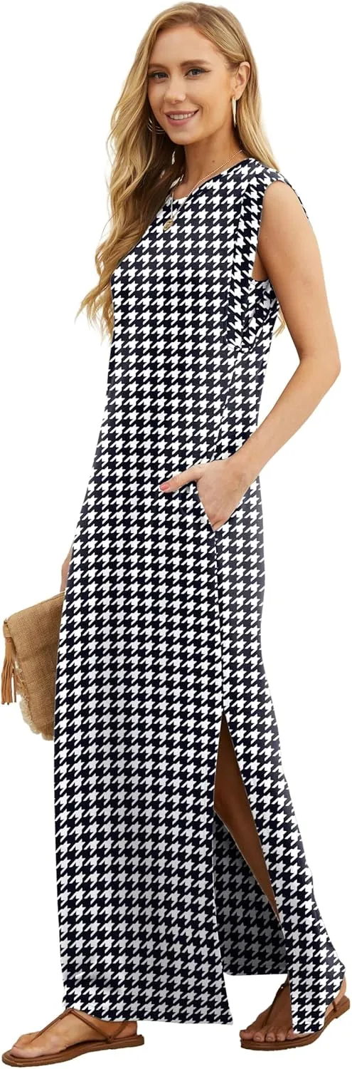 GRECERELLE 2025 Women Summer Round Neck Casual Loose Split Wrinkle-Free Long Maxi Vacation Dress with Pockets (XS-3XL)