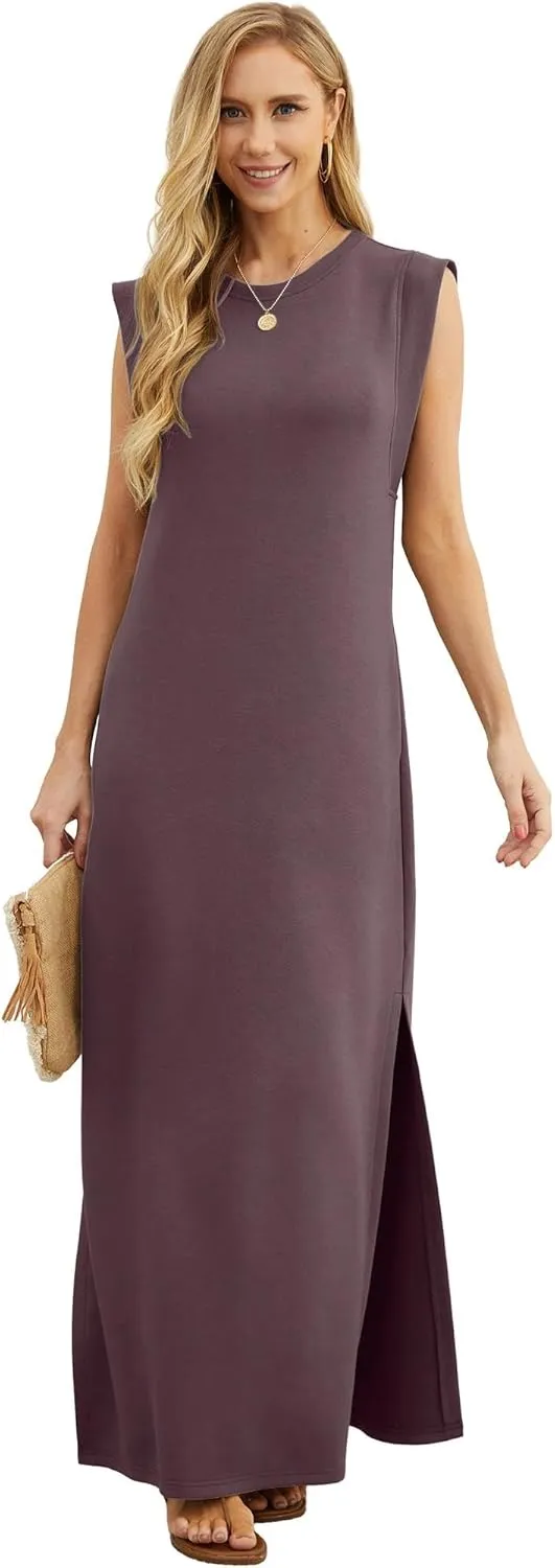 GRECERELLE 2025 Women Summer Round Neck Casual Loose Split Wrinkle-Free Long Maxi Vacation Dress with Pockets (XS-3XL)