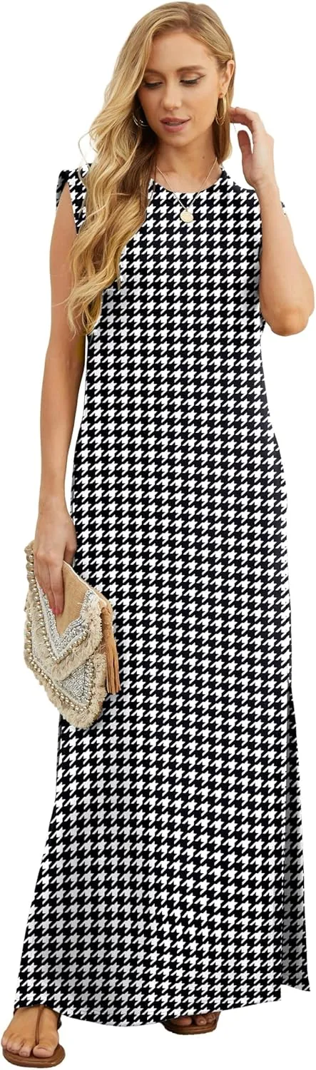 GRECERELLE 2025 Women Summer Round Neck Casual Loose Split Wrinkle-Free Long Maxi Vacation Dress with Pockets (XS-3XL)